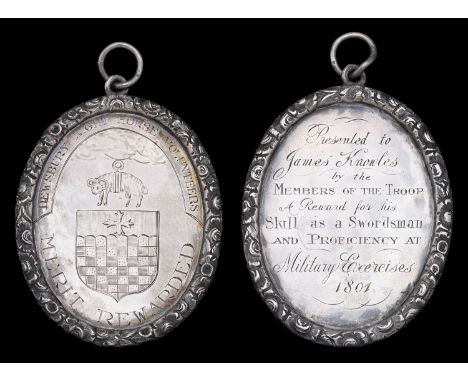 Dewsbury Light Horse Volunteers, oval silver engraved medal, raised floral rim, 65mm x 51mm, obverse: Arms of Dewsbury, on a 