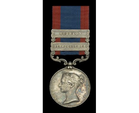 Sutlej 1845-46, for Moodkee 1845, 2 clasps, Ferozeshuhur, Sobraon (John Casey 9th Regt.) suspension slack, edge bruising and 