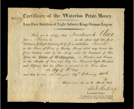 ‘Certificate of the Waterloo Prize Money’, a most rare survival in the name of Frederick Aue, Private in the late First Batta