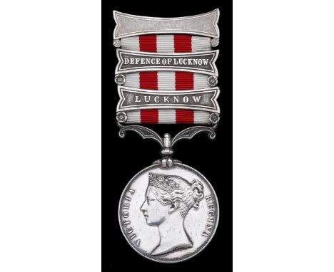 Indian Mutiny 1857-59, 2 clasps, Defence of Lucknow, Lucknow (Serjt. T, Claydon, 78th Highlanders) fitted with silver ribbon 