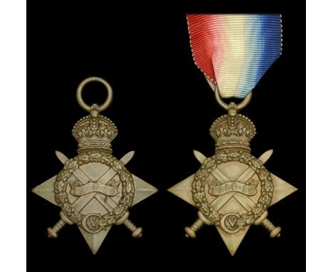 1914-15 Star (4843 Pte. W. O’Keefe. Ir. Gds.; 2345 Pte. G. A. Lomas, Manch. R.) naming details on first very faintly impresse