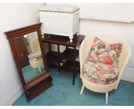 A 20th century Lloyd loom style bedroom chair, Lloyd loom style hamper, mahogany occasional table and an oak framed mirror (4