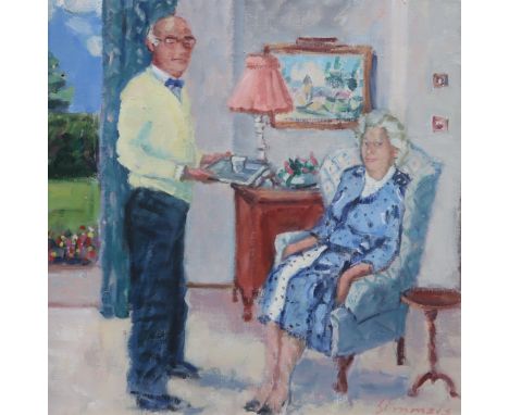 CONNIE SIMMERS (SCOTTISH b.1941)&nbsp; OLD COUPLE Oil on board, signed lower right, 38 x 39cm Together with another portrait 