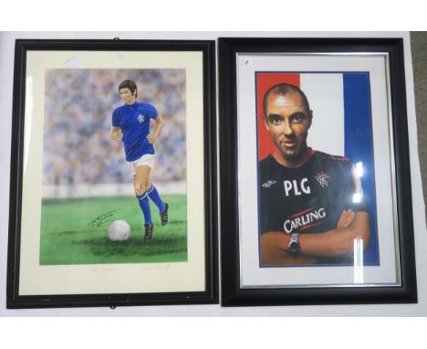 SPORTING MEMORABILIA A framed portrait of Jim Baxter in a Rangers home strip, signed by the artist Jim Scullion and dated 200