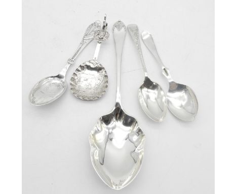 A collection of silver spoons including a silver serving spoon, the bowl lobed, by Walker &amp; Hall, Sheffield 1923, a Germa