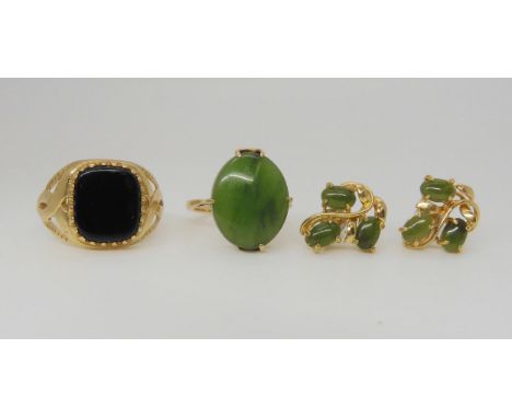 A 9ct gold onyx signet ring size U, a 9ct green hardstone ring size N1/2, weight together 6.3gms,&nbsp; and a pair of gold pl