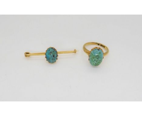 An 18ct gold turquoise set ring together with similar brooch, weight 7.3gms Condition Report:Available upon request