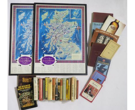 Two framed maps of Scottish whisky distilleries, together with a collection of books mainly on the subject of Scotch whisky, 