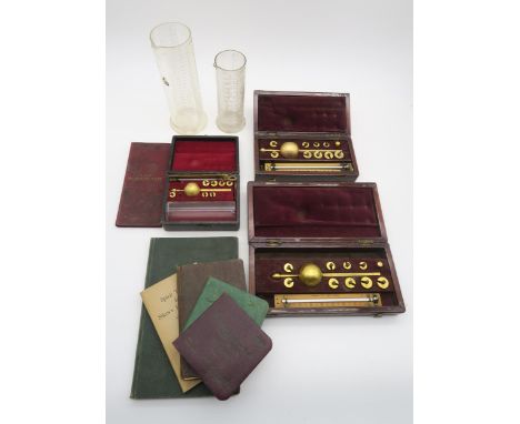 A cased Sikes Hydrometer, two other cased hydrometers, measuring vessels and an assortment of corresponding spirit table book