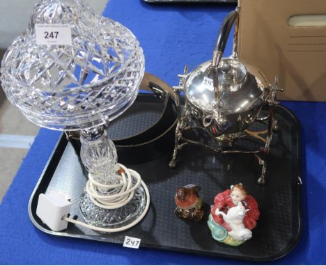 A cut crystal lamp, a EPNS spirit kettle on stand, Doulton figure etc Condition Report:Not available for this lot.