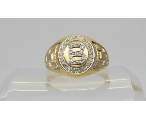 A 9ct gold diamond set 'B' signet ring, size Z1/2, weight 7.3gms Condition Report:Available upon request