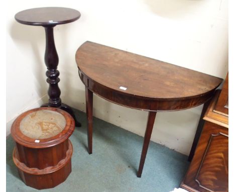 A Victorian mahogany demi lune hall table, stained mahogany plant pedestal and a mahogany commode (def) (3) Condition Report: