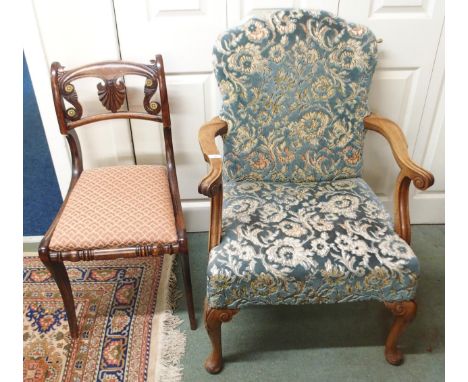 A 20th century mahogany framed Georgian style open armchair with tapestry upholstery and a rosewood framed sabre legged parlo