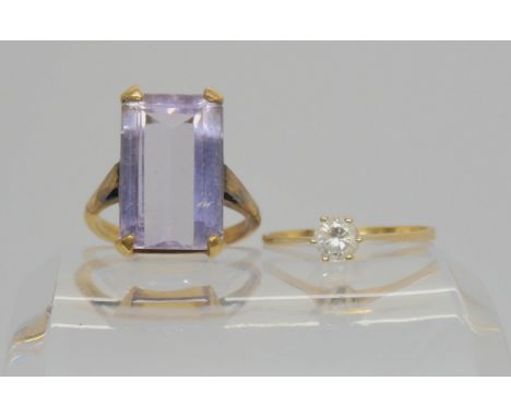 A 9ct gold lilac amethyst ring, approx 17mm x 11mm, size N1/2, together with a 9ct gold cubic zircona solitaire ring, size R,