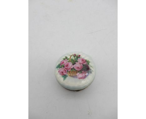 A Scandinavian silver and guilloche enamel snuff / trinket box, the white ground decorated with a basket of roses, stamped 93