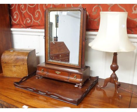 A Victorian mahogany and giltwood framed three drawer toilet mirror, mahogany dome fronted box, mahogany tea tray and a mahog