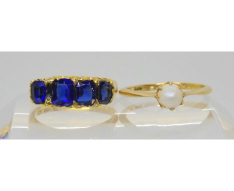 An 18ct gold four blue gem set ring, size L, and a further 18ct gold pearl ring size M, weight together 6.7gms Condition Repo