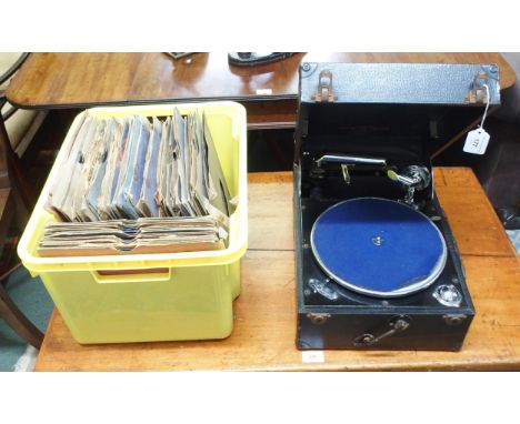 A 20th century Columbia Viva-tonal Grafonola picnic record player and a box of assorted vinyl records (2) Condition Report:Av