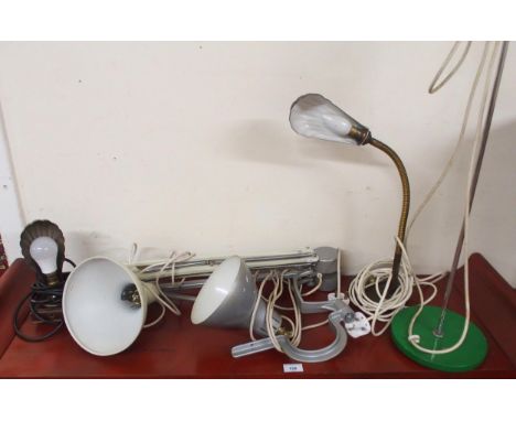A lot of five assorted mid 20th century lamps to include two anglepoise style lamps (one without base) two metal shell shaded