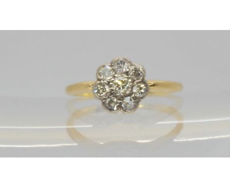 A bright yellow metal old cut diamond flower ring, set with estimate approx 0.30cts of diamonds, size L1/2, weight 2.2gms Con