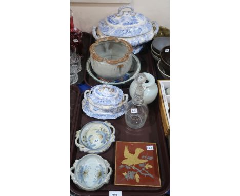 A collection of Drymen pottery, a Minton and Hollins tile, a Minton and Boyle transfer printed soup tureen and cover and a si