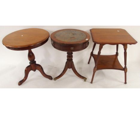 A Victorian mahogany two tier occasional table, circular topped table with tripod base and a 20th century mahogany drum table