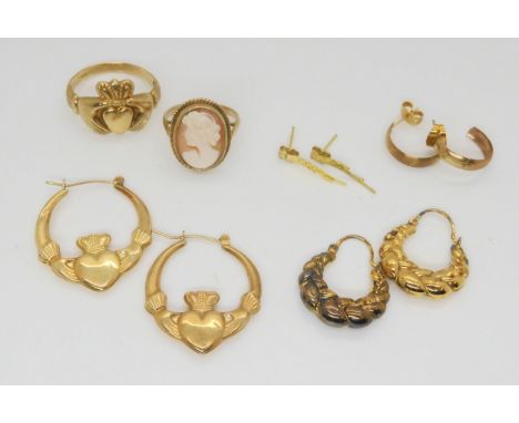 A 9ct Claddagh ring, size X with similar earrings, a 9ct cameo ring, size N1/2,thre further pairs of 9ct and yellow metal ear