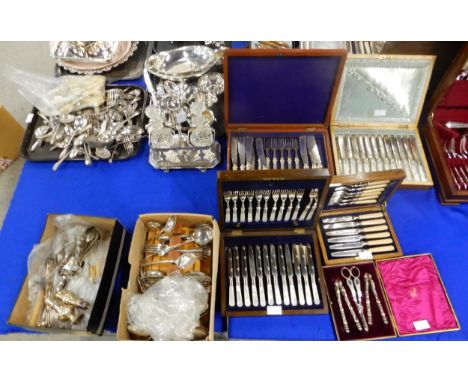 A cased set of EPNS and mother of pearl handled fish knives and forks, with engraved floral decoration to the blades, another