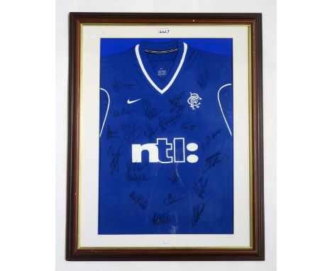 SPORTING MEMORABILIA A framed Glasgow Rangers 1999-2001 home shirt, with team signatures Condition Report:Available upon requ