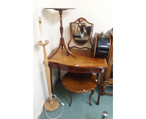 A Victorian mahogany serpentine front hall table, mahogany oval topped occasional table with turned tripod base, mahogany dre