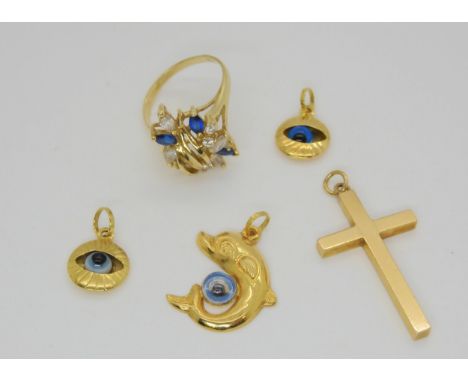 Three 18k Mediterranean evil eye pendants weight 3.6gms, a 14k gem cluster ring, weight 4.4gms, and a 9ct gold cross, weight 