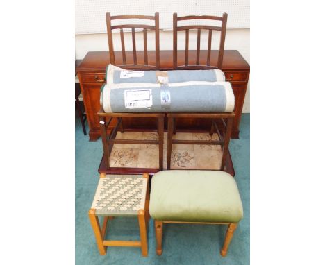 A mid 20th century stained teak tile top coffee table, pair of mahogany bedroom chairs, upholstered stool, strung stool and t