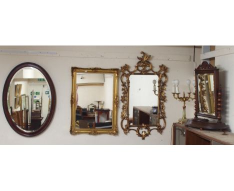 A contemporary gilt framed wall mirror, gilt framed wall mirror, oval mahogany framed wall mirror, two dressing mirrors, marb