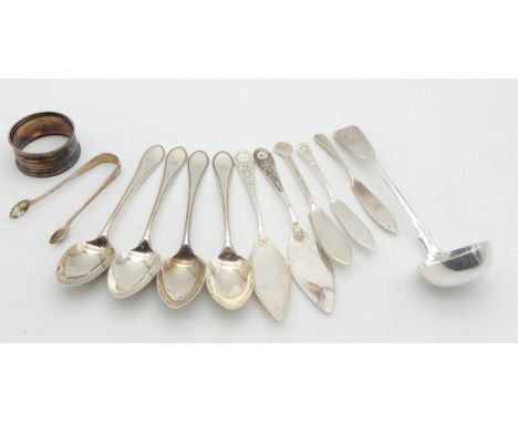 A collection of silver flatware including four Victorian Hanoverian thread pattern tea spoons, by Daniel Todd, Glasgow 1867, 