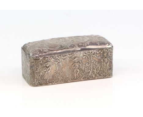 A silver trinket box with gilt interior, embossed with romanticised figures, within foliate borders, by Samuel Boyce Landeck,