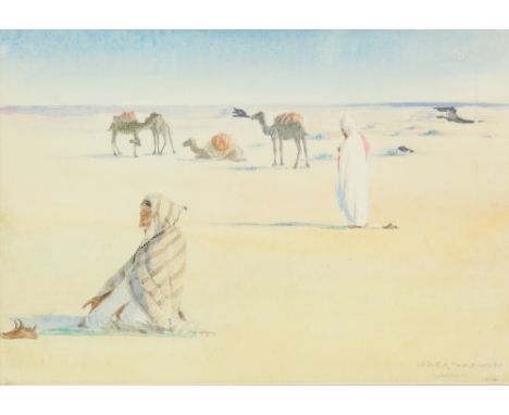 Leslie Robert Poole-Smith (British, 19th / 20th Century). 'Sahara', desert scene with figures and camels. Watercolour, signed
