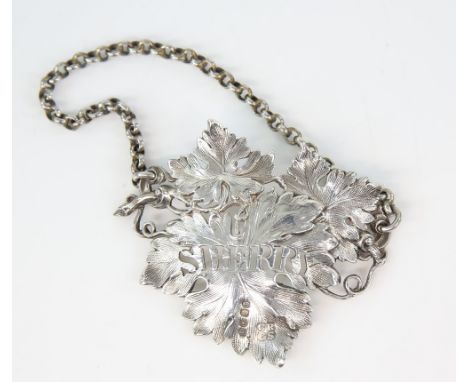 Victorian silver decanter label 'Sherry' in the form of vine leaves, by Charles Reily &amp; George Storer, London, 1841, 30.4