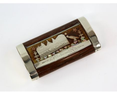 19th century French walnut and white metal snuff box, the enamelled cover inset with mother of pearl and silver decoration of