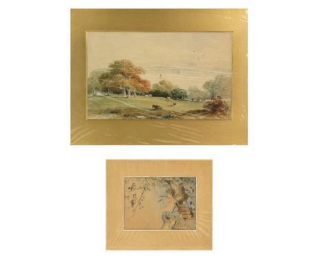 Copley Fielding (1787-1855) estuary view, watercolour, signed and dated 1850, 19.5cm x 32cm,  Rozalo Schiffner , putti playin