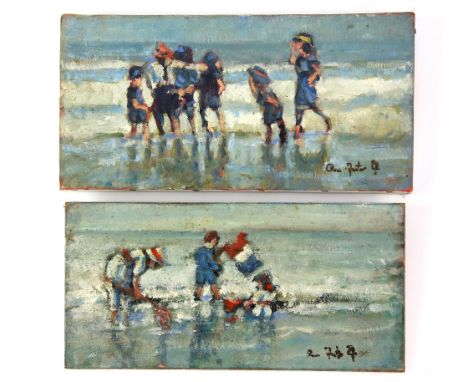 Ross Foster, 20th-21st century, children playing on a beach, signed, oils on canvas, pair, each approximately 15cm x 30cm,.  