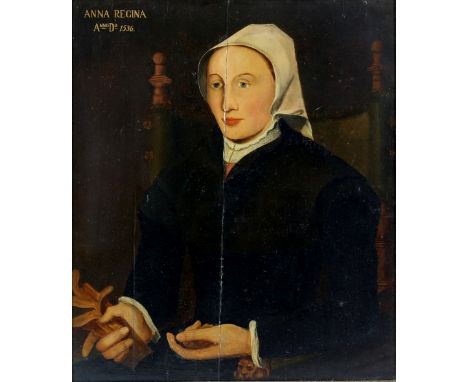 Portrait, probably of Anne of Cleves, after a 16th century original, titled Anna Regina Anno Domini 1536, unsigned, oil on pa