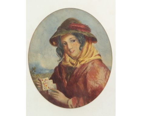 19th century, English School,  portrait of a young woman in a red coat, and hat and holding playing cards, unsigned, watercol