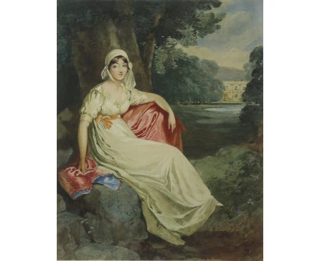 19th century portrait of a lady in long white dress with tree and country house behind, 28cm x 22.5cm,.     