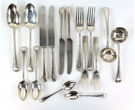 Victorian silver beaded pattern table service, for 12 place settings, comprising 12 each of table knives, forks, spoons, dess