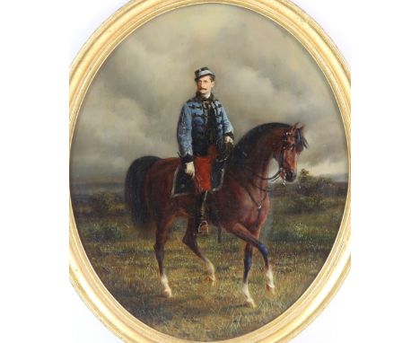 19th century, Continental School, army officer in a blue coat on a chestnut horse, in oval frame, unsigned, oil on board, 29.