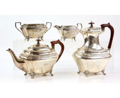 George V silver four-piece tea and coffee service, comprising teapot, coffee-pot, sugar bowl and cream jug, each of rectangul