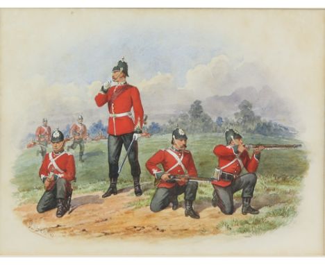R Simkin, 19th century watercolour depicting the 68th Light Infantry, four soldiers in red tunics the foreground, 23cm x 30cm
