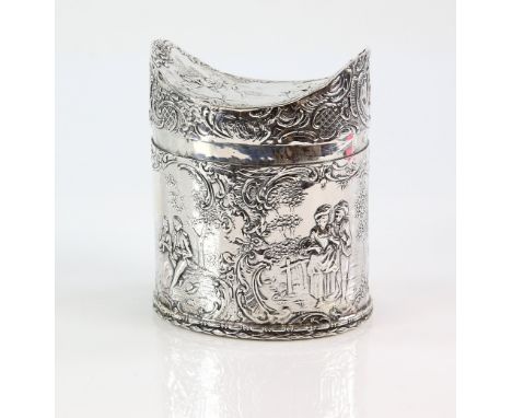 19th century Dutch silver tea caddy embossed with courting couples within scrollwork borders, import marks for London, 1899, 