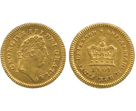 G BRITISH COINS, George III, Gold Third-Guinea, 1801, first laureate head right, rev second type crown at centre, date below,