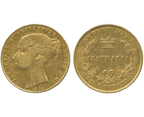 G WORLD COINS, AUSTRALIA, Victoria (1837-1901), Gold Sovereign, 1855, Sydney mint, first young head left, hair bound with dou